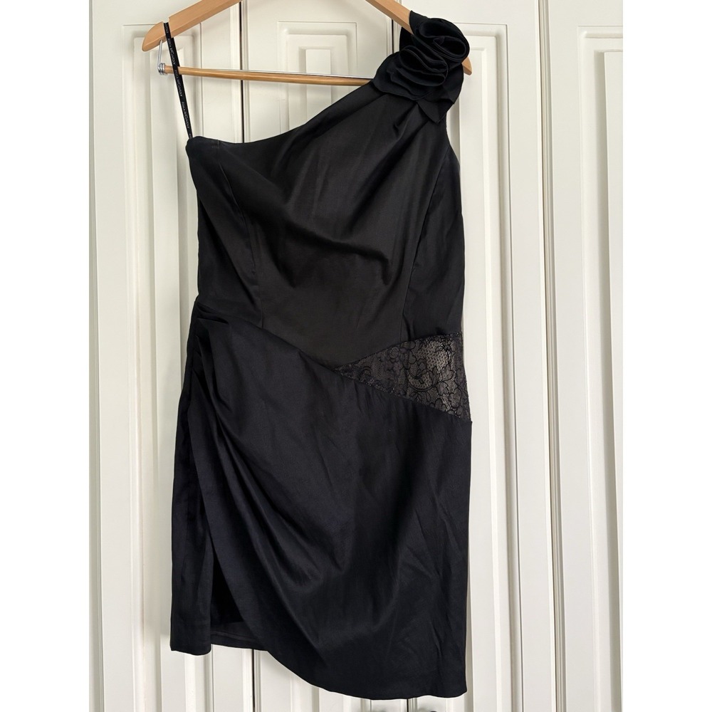 Jessica McClintock Dress Black Sheer Lace Ruching One Shoulder Size 12 HOCO